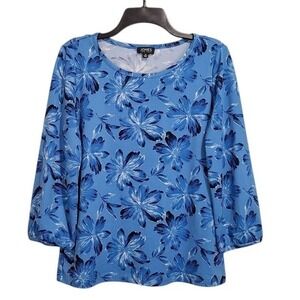Jones New York Top Womens Size M Blue 3/4 Puff Sleeve Printed Moss Crepe‎ Floral